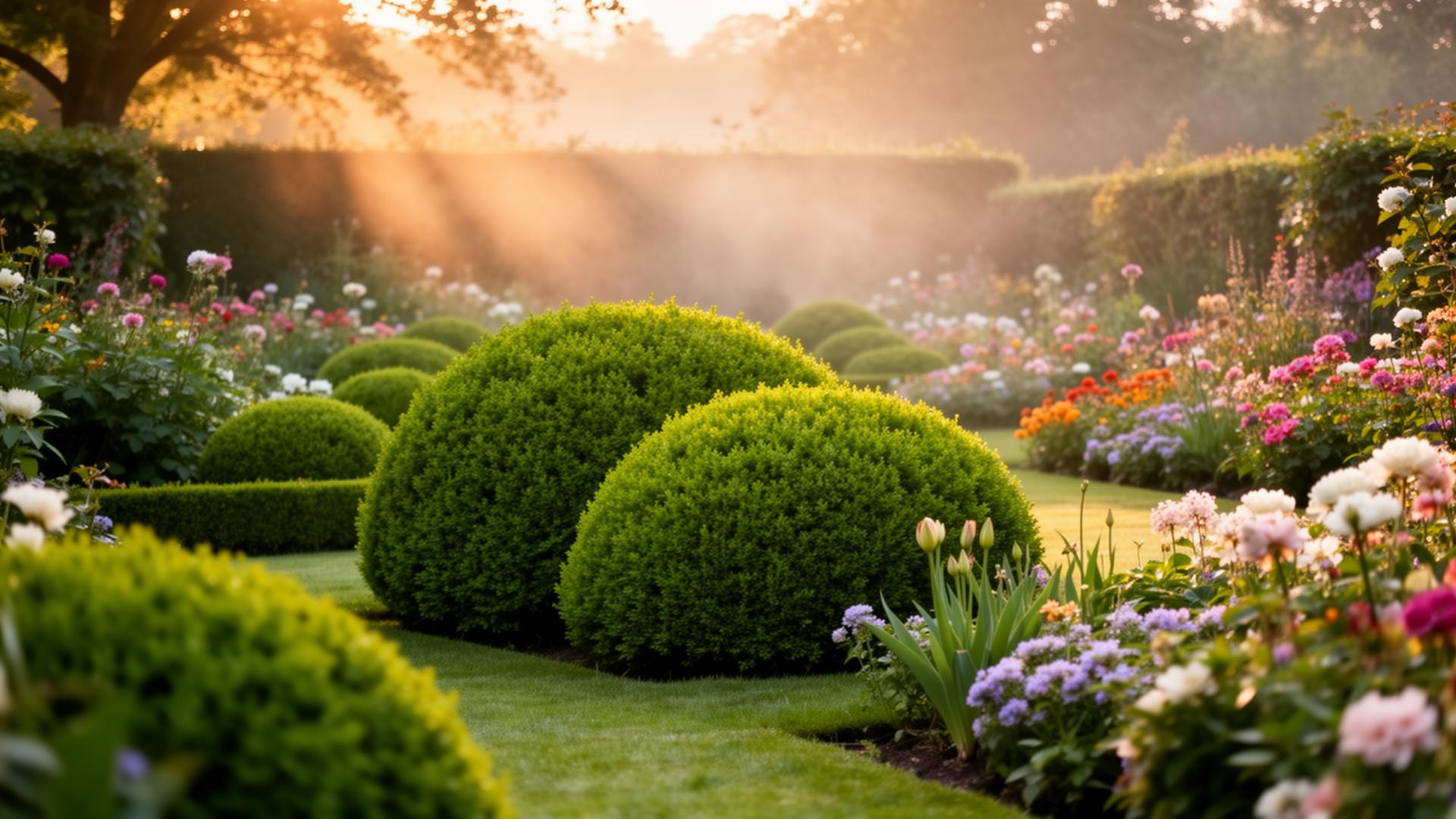 Lush garden with manicured shrubs at golden hour